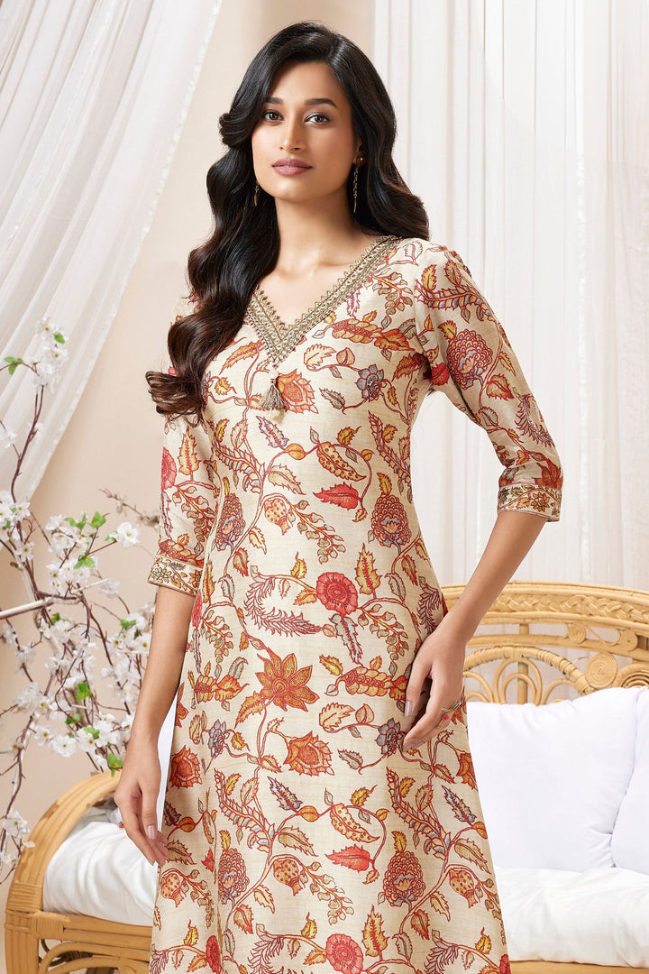 Beige Mirror and Zari work with Floral Print A-line Cut Salwar Suit