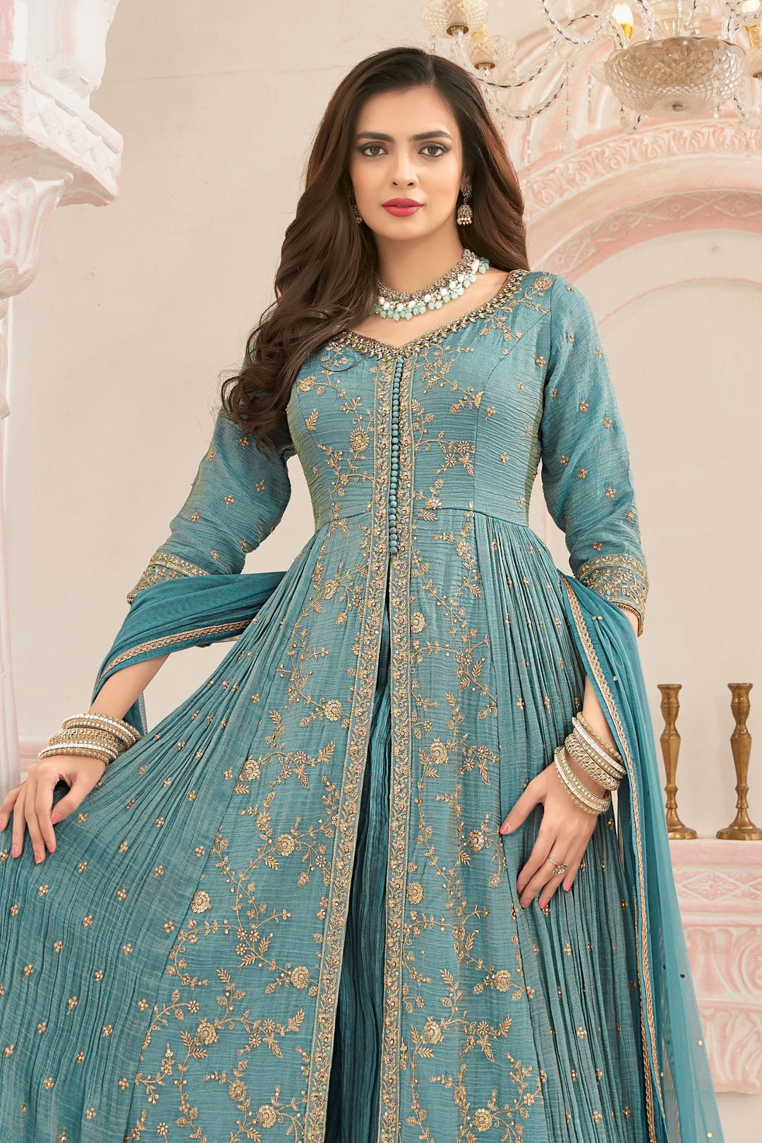 Frozen Blue Sequins, Zari, Zardozi, Stone and Beads work Mastani Styled Long Top Lehenga