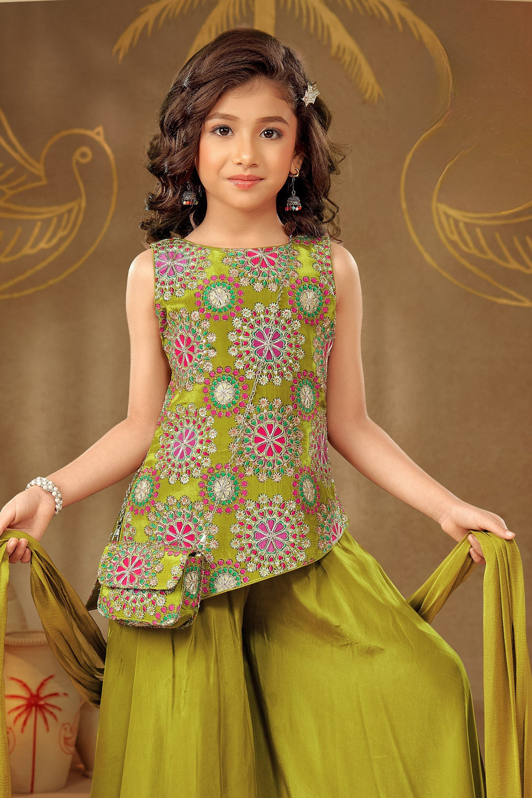 Mehendi Green Sequins and Zari work with Multicolor Digital Print Palazzo Suit Set for Girls