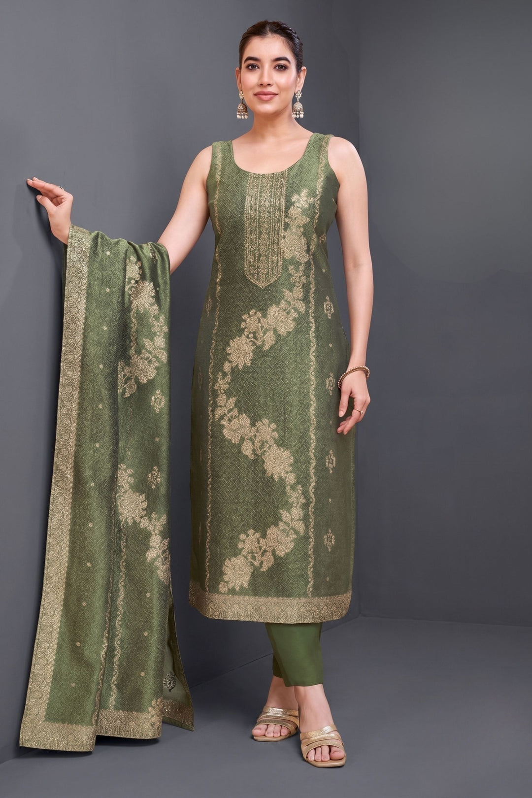 Leaf Green Banaras, Beads, Miror and Stone work Straight Cut Salwar Suit