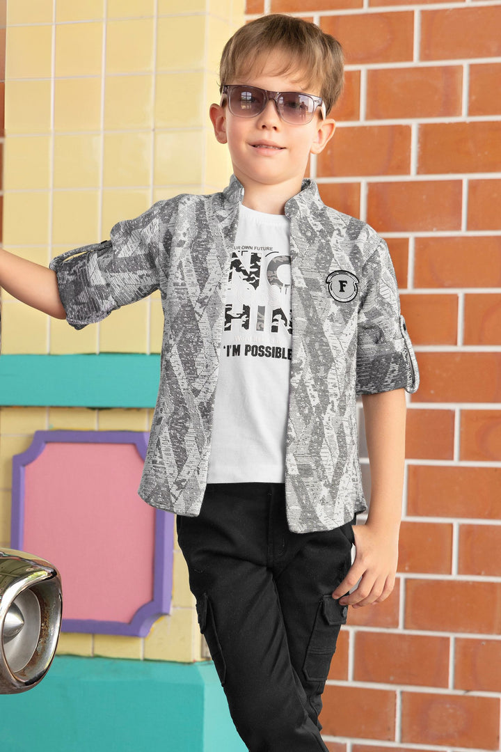 White with Grey Printed Blazer, T-Shirt and Black Pant Set for Boys with Belt