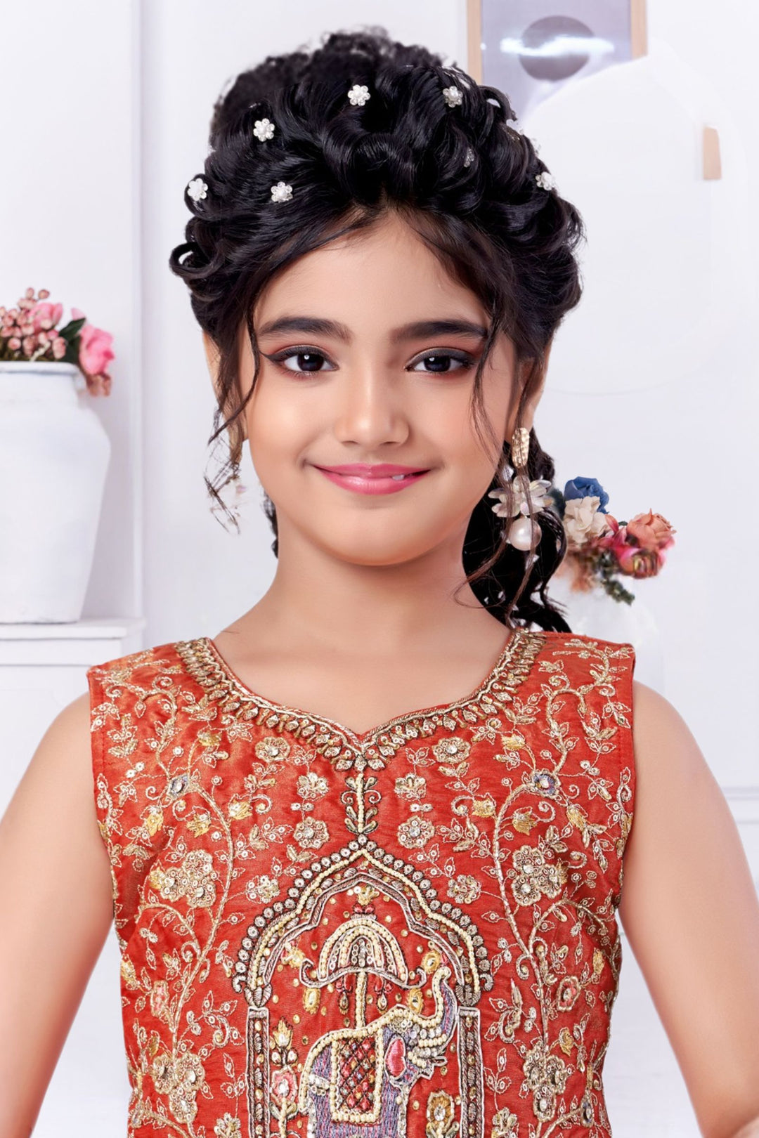 Tomato Red Beads, Sequins, Zari and Embroidery work Lehenga Choli for Girls