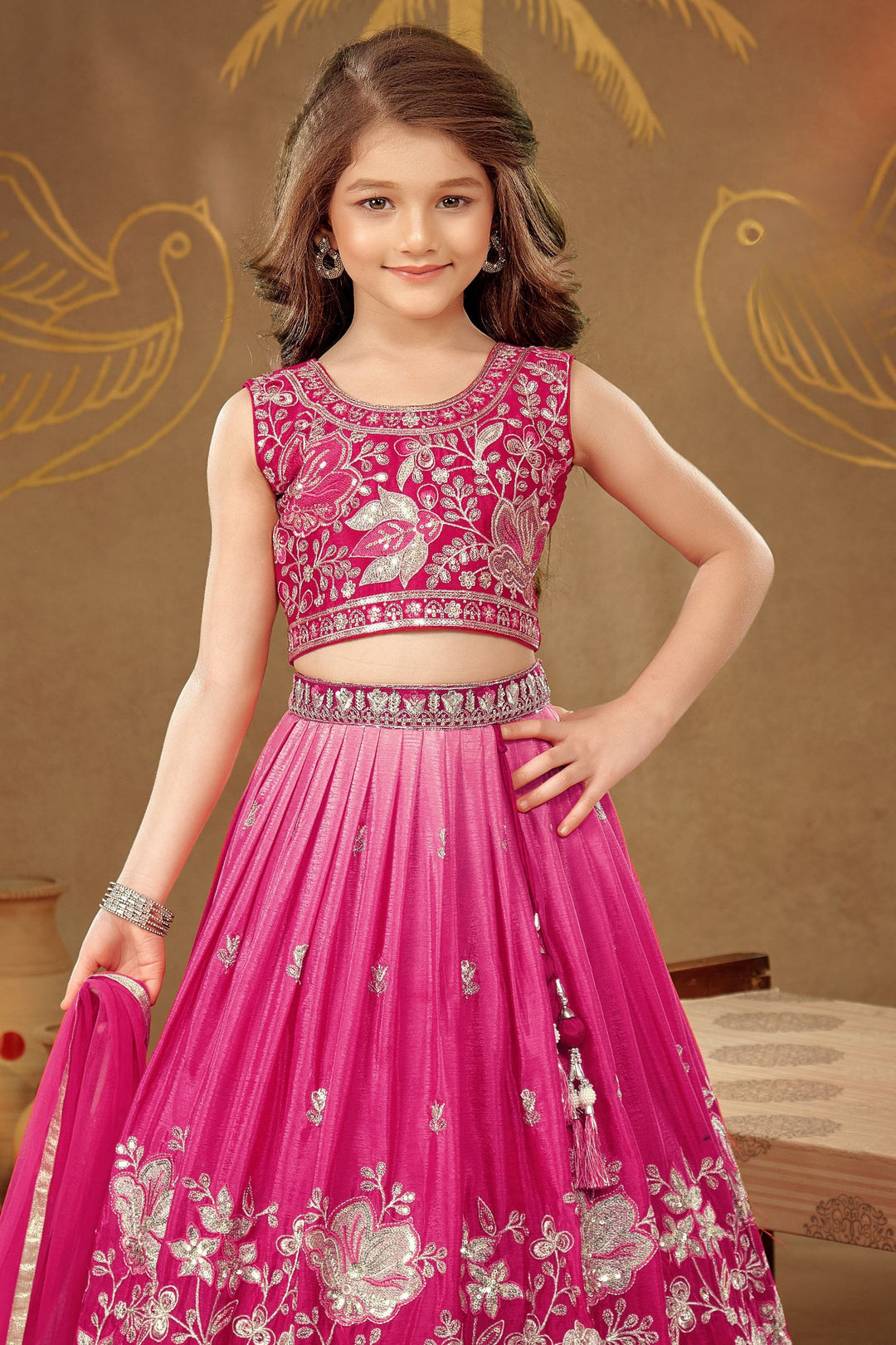 Rani Pink Sequins and Zari work Lehenga Choli for Girls