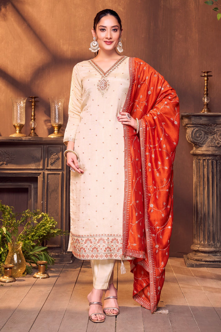 Cream Zardozi, Mirror, Beads, Sequins and Thread work Straight Cut Salwar Suit