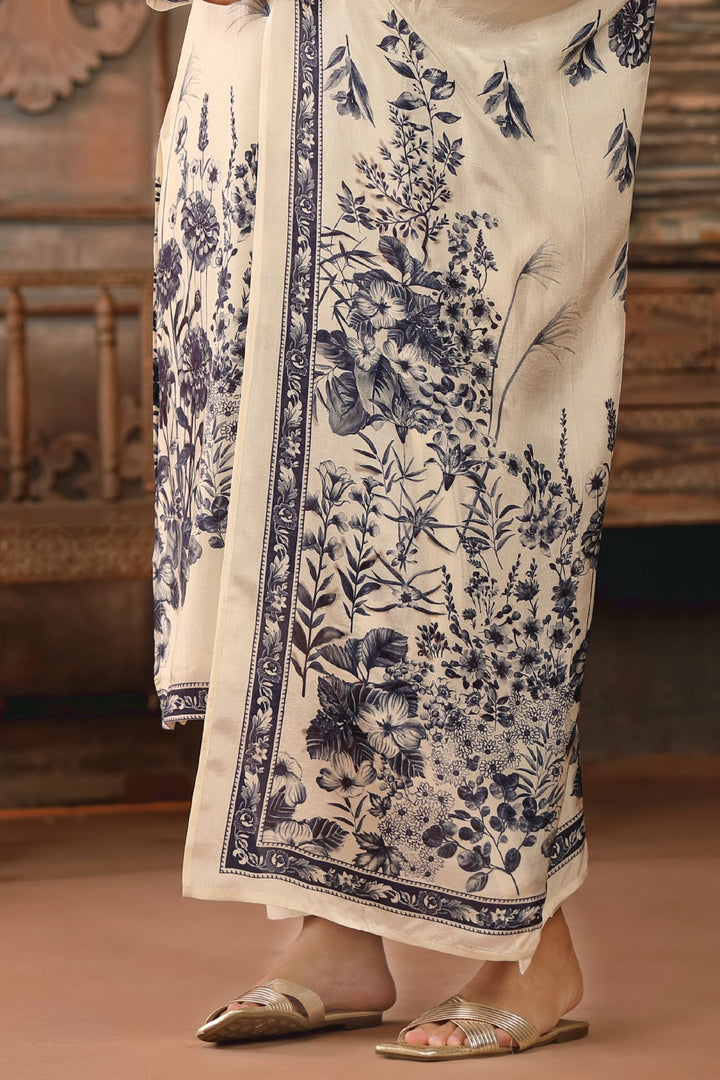 Cream Beads and Sequins work with Floral Print Straight Kurta Set