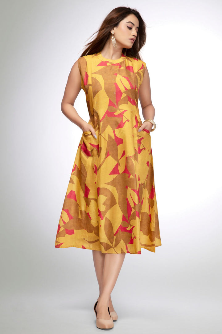 Mustard Stone work with Abstract Print A-Line Cut Calf Length Kurti