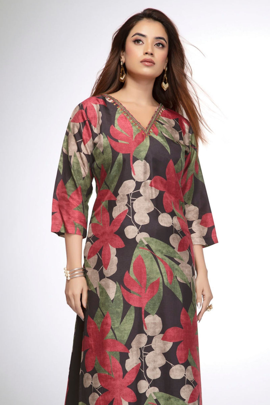 Black Floral Print V-Neck Straight Kurta Set