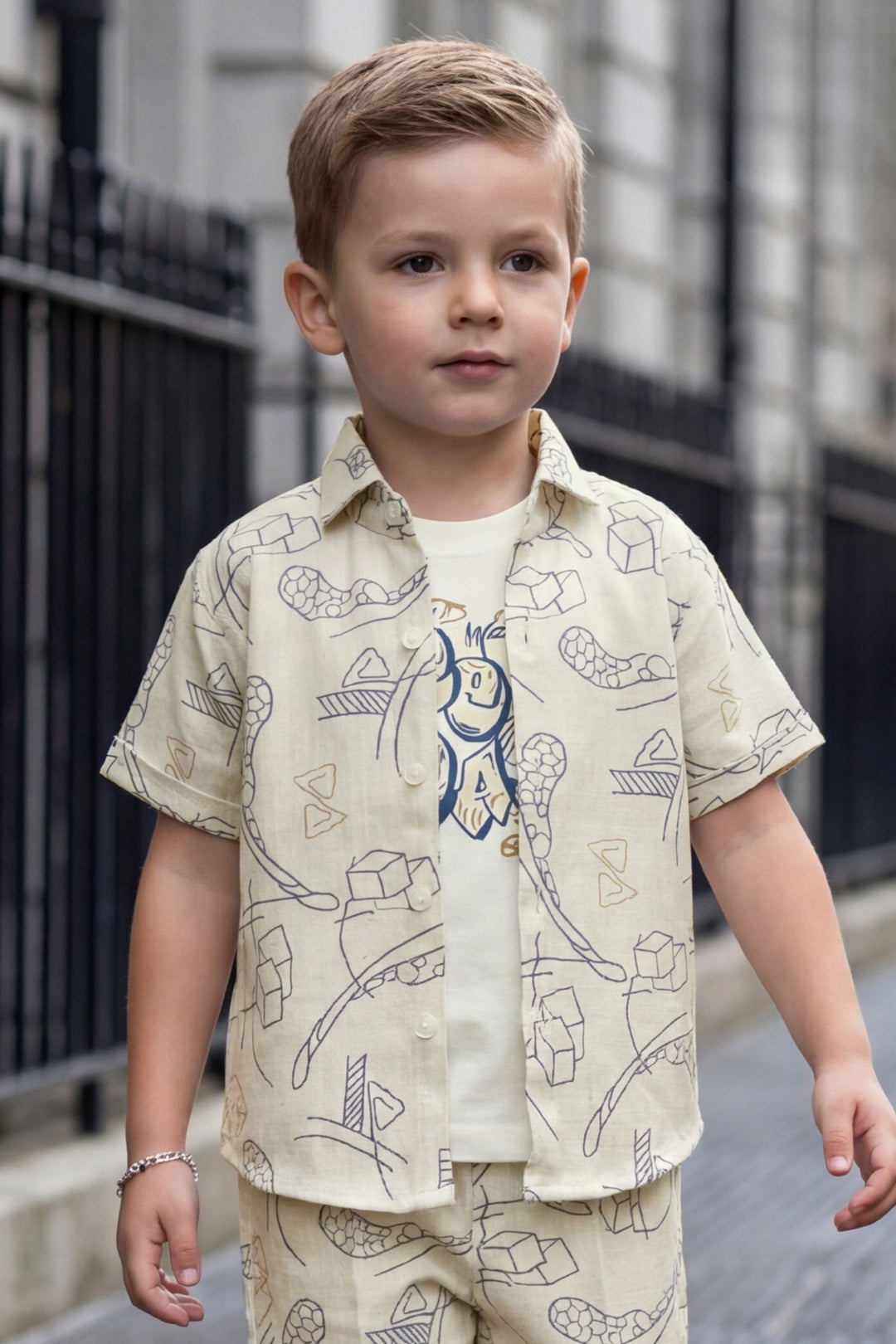 Beige with White Thread work Co-Ord Set for Boys