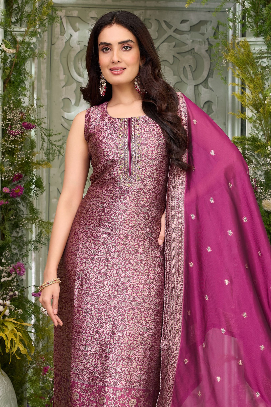 Wine Mirror, Zari, Beads, Zardozi, Stone and Brocade work Straight Cut Salwar Suit