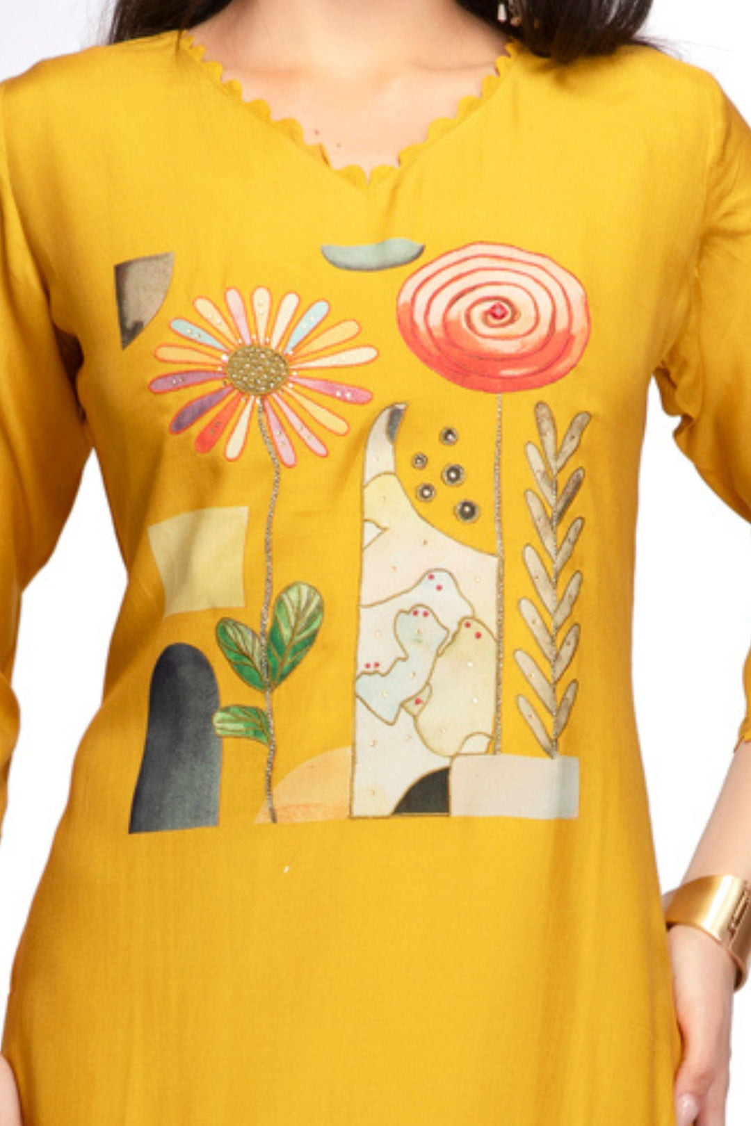 Yellow Stone work with Digital Print Calf Length Kurti