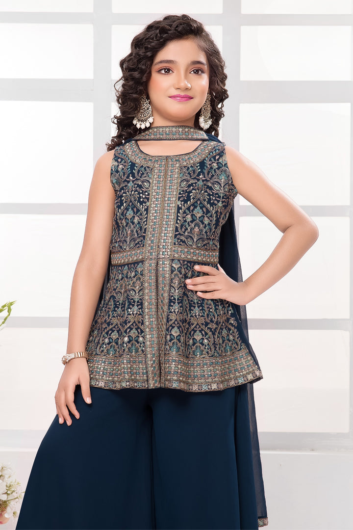 Peacock Blue Sequins, Stone and Multicolor Thread work Palazzo Suit Set for Girls