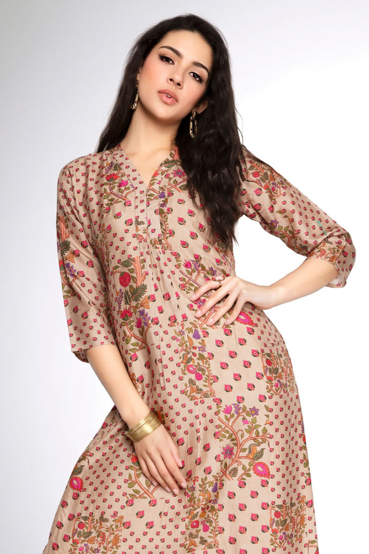 Fawn Beads work with Digital Print Calf Length Kurti