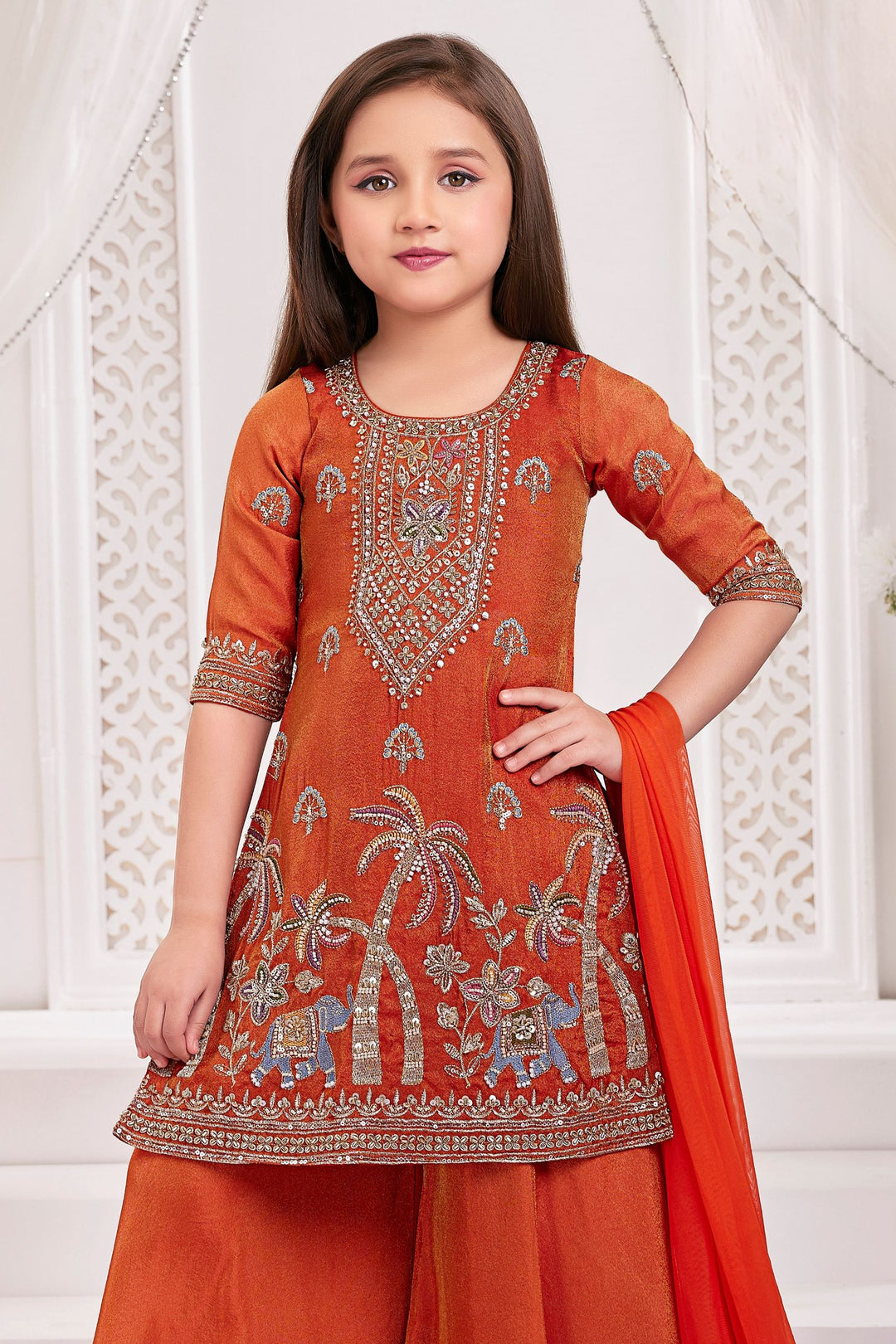 Orange Beads, Zari and Thread work Palazzo Suit Set for Girls