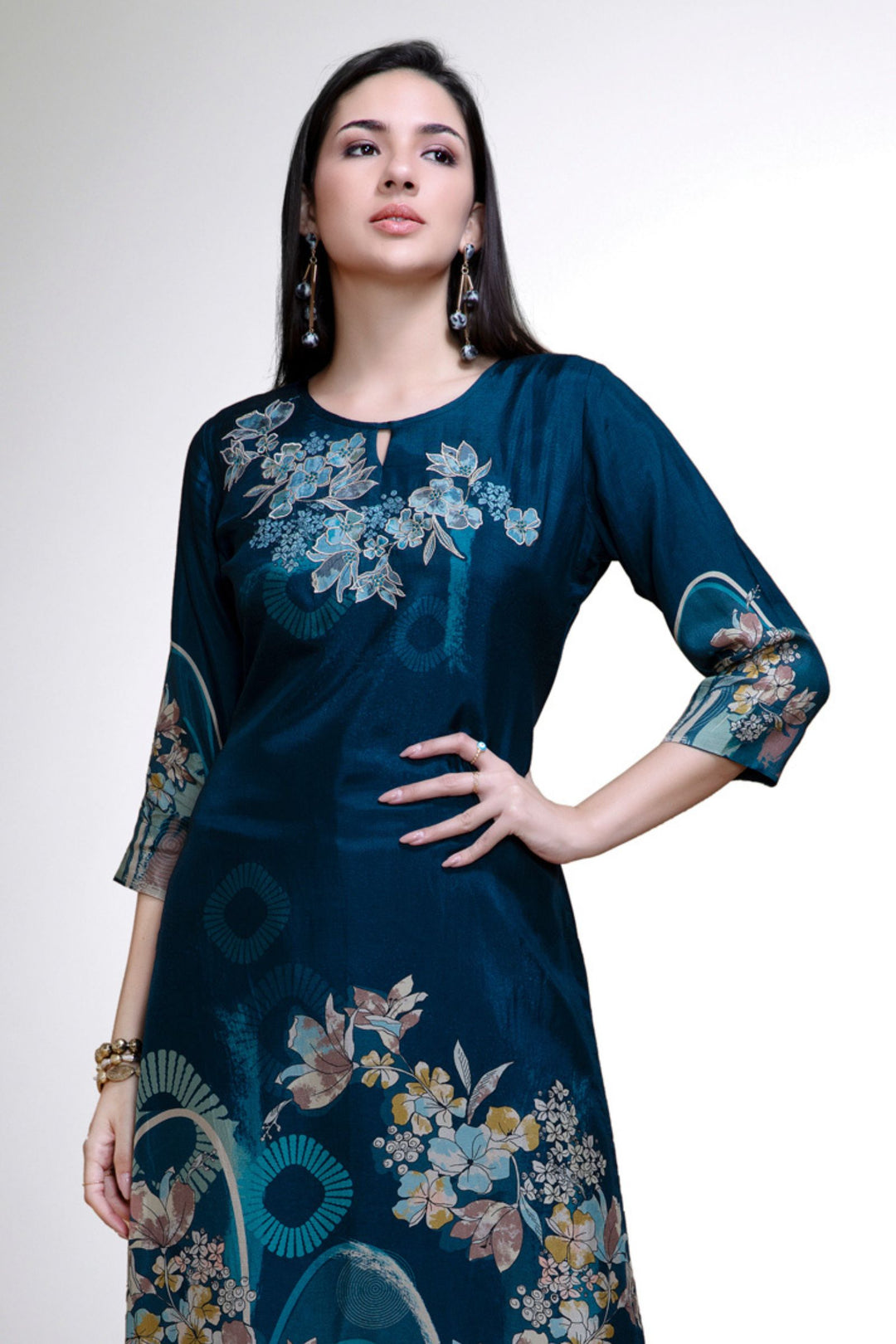 Peacock Blue Floral Print Calf Length Kurti