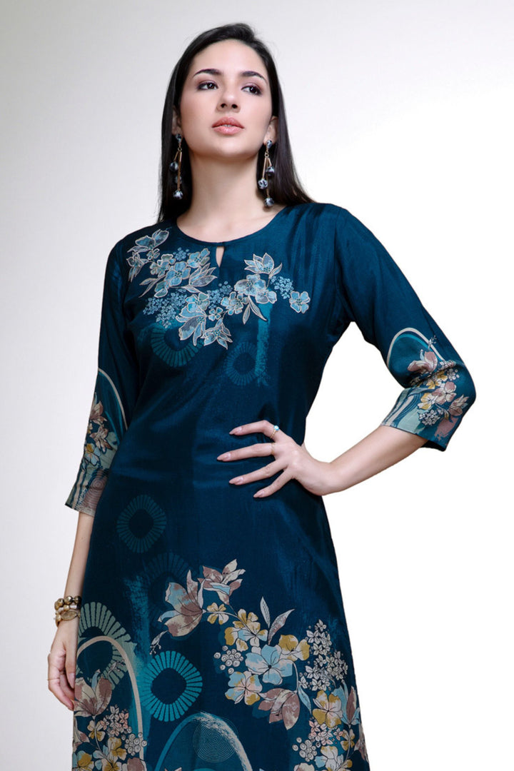 Peacock Blue Floral Print Calf Length Kurti