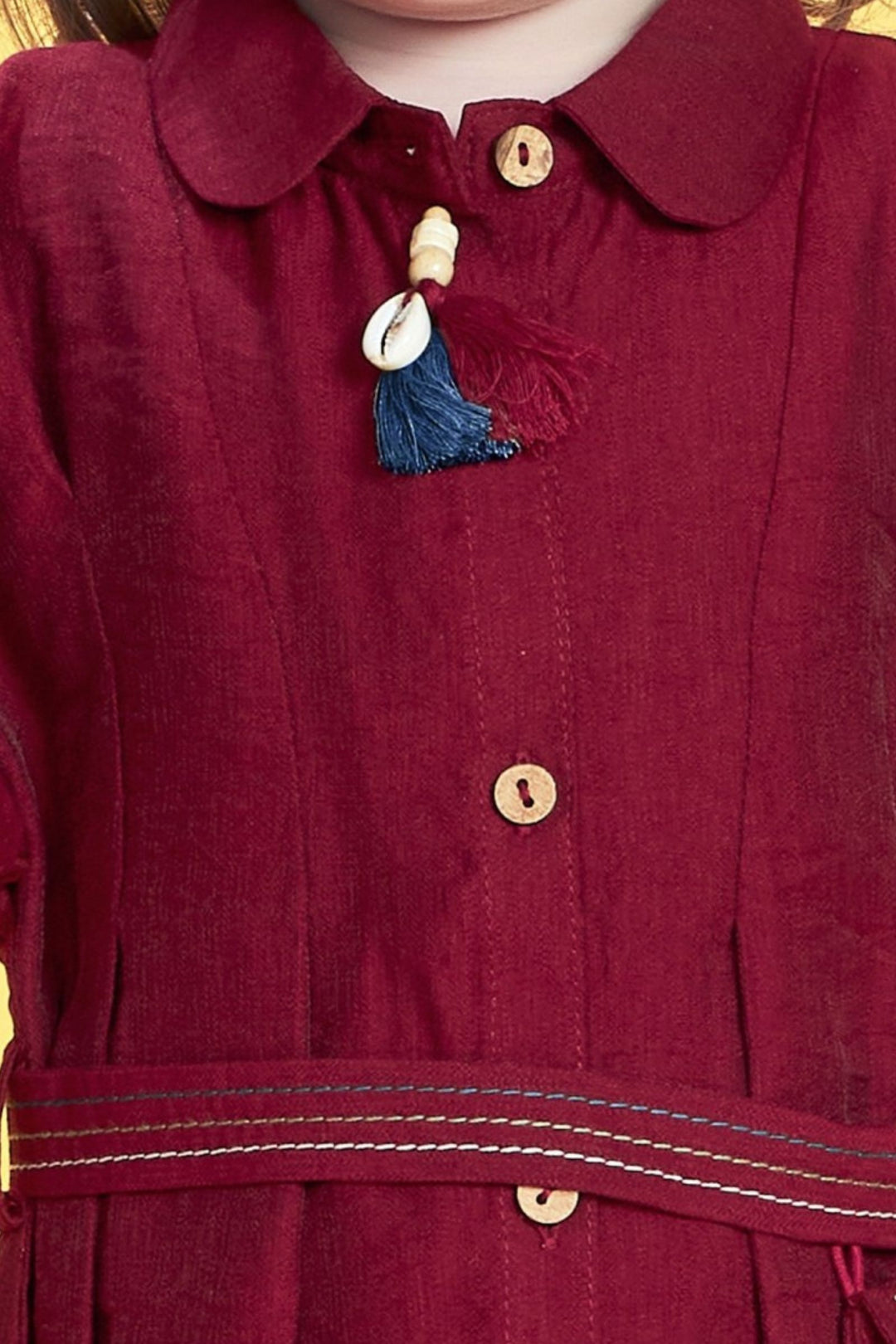 Maroon Thread work Short Frock for Girls with Belt