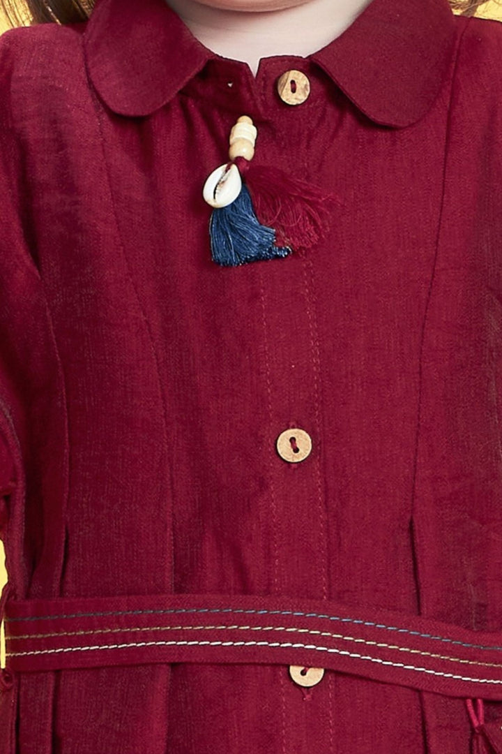 Maroon Thread work Short Frock for Girls with Belt