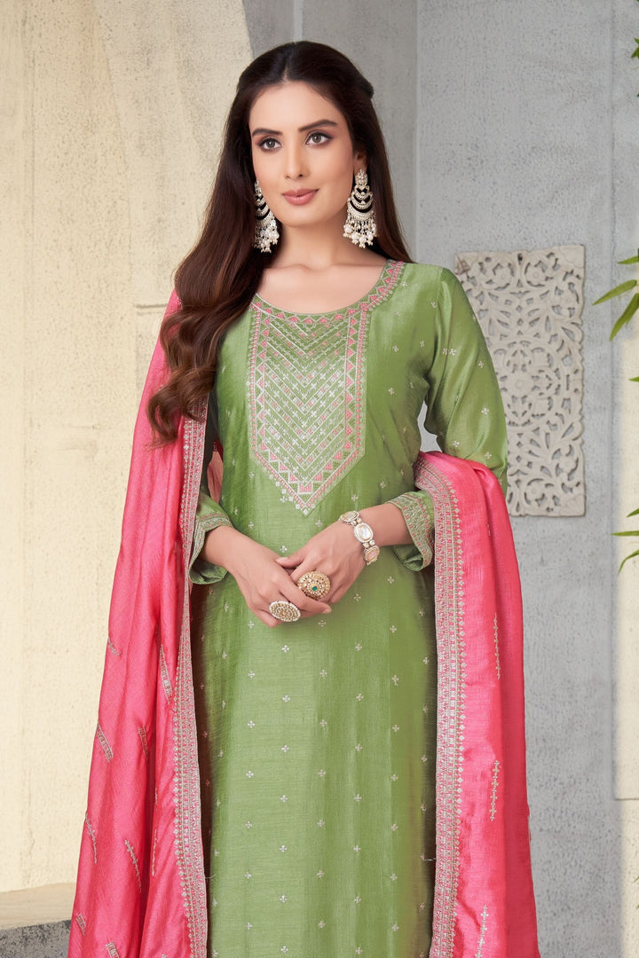 Pista Green Sequins, Zari and Thread work Straight Cut Salwar Suit