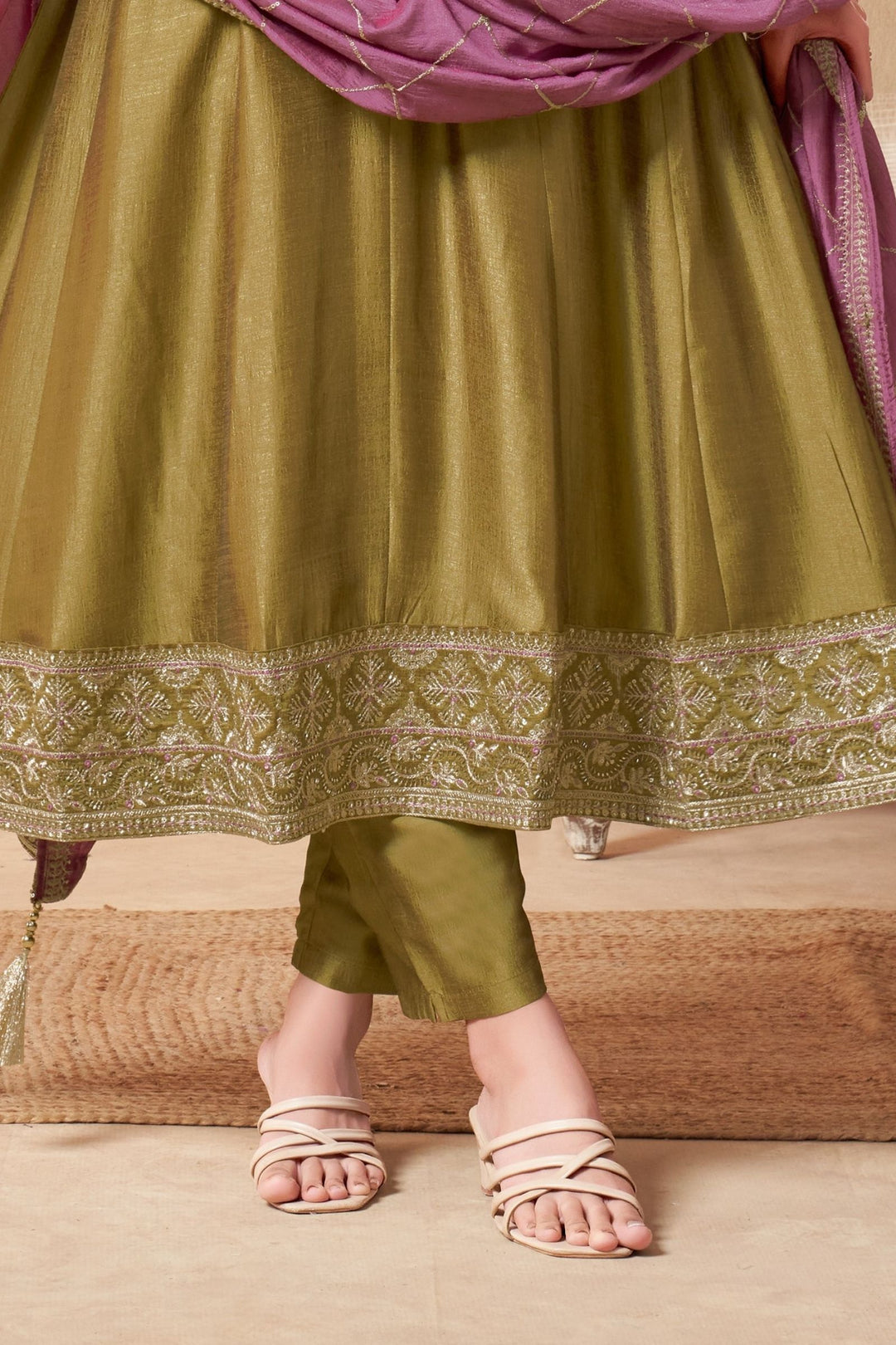 Mehendi Green Sequins, Beads and Zari work Anarkali Style Salwar