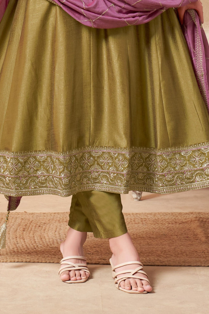 Mehendi Green Sequins, Beads and Zari work Anarkali Style Salwar