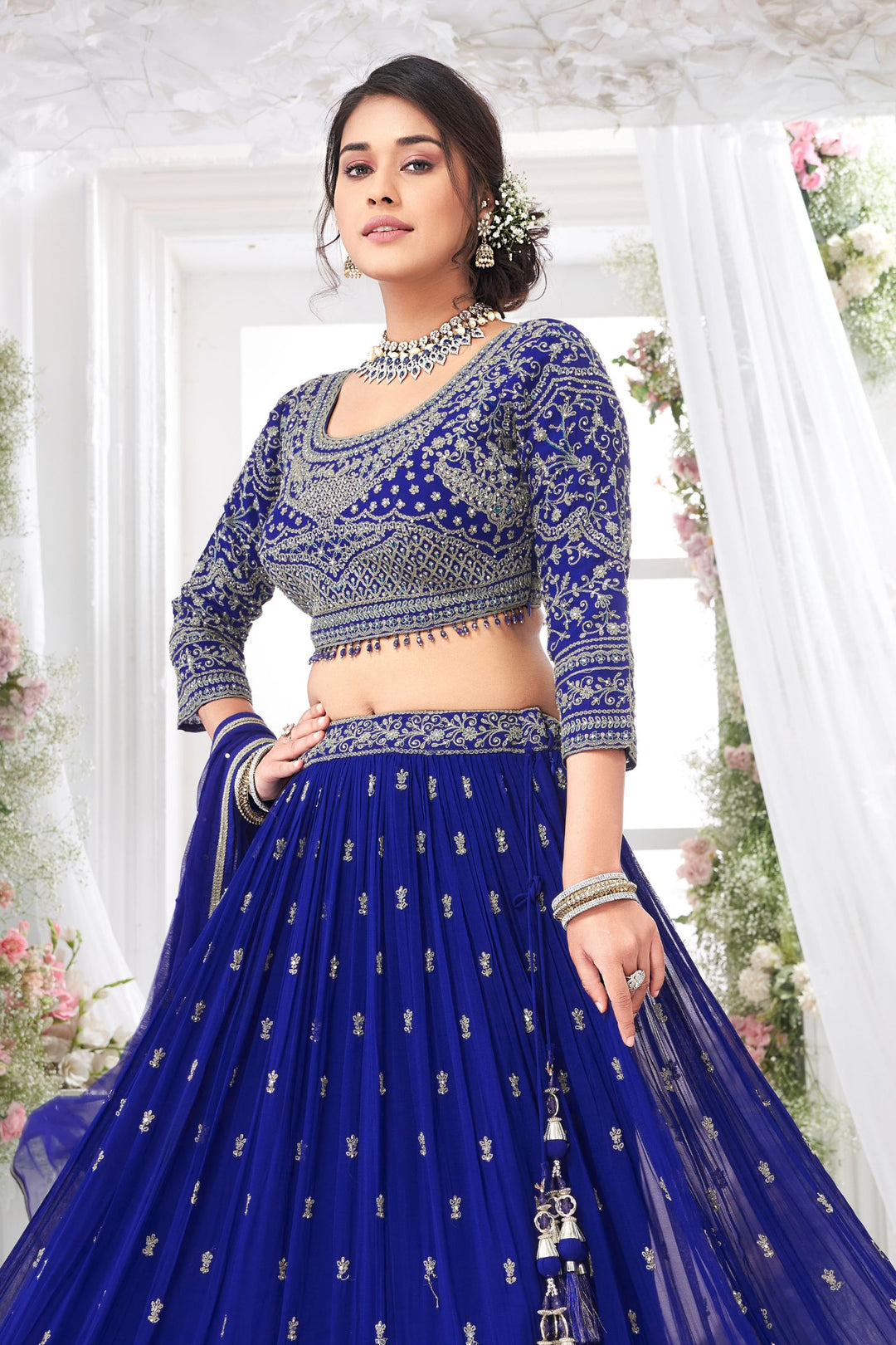 Royal Blue Zari Thread and Stone work Crop Top Lehenga