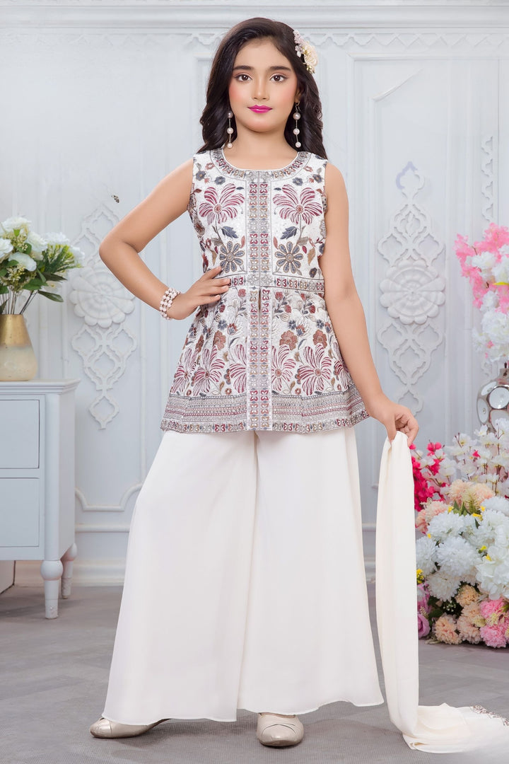 Cream with Multicolor Embroidery and Sequins work Palazzo Suit Set for Girls