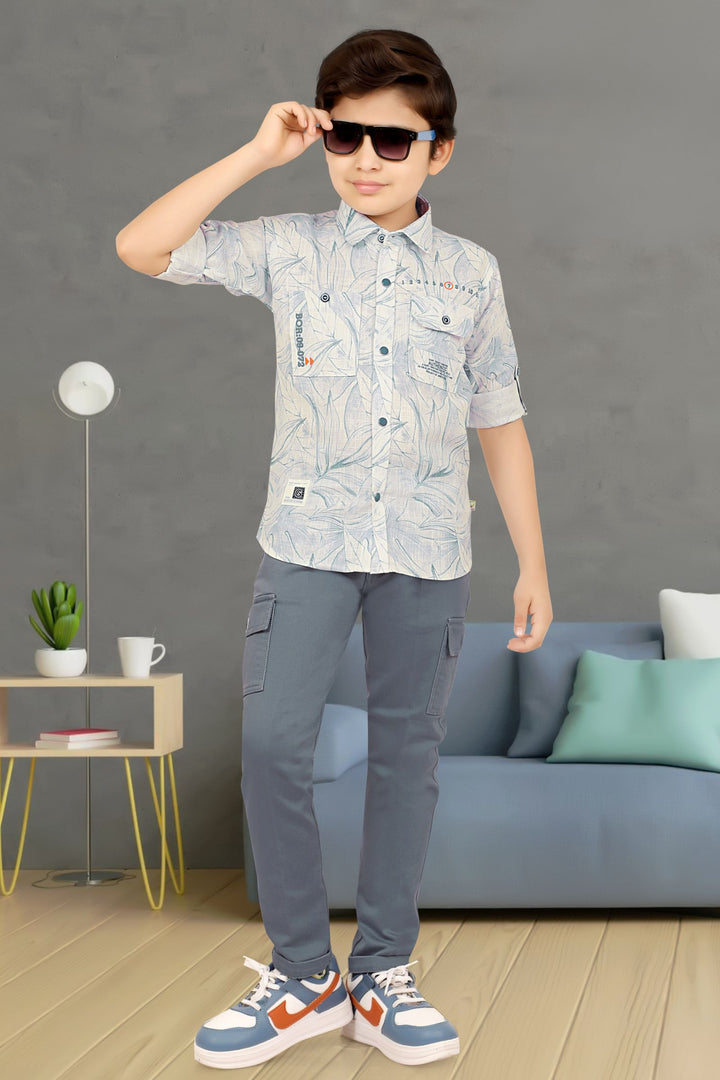 White with Grey Printed Shirt and Pant Set for Boys