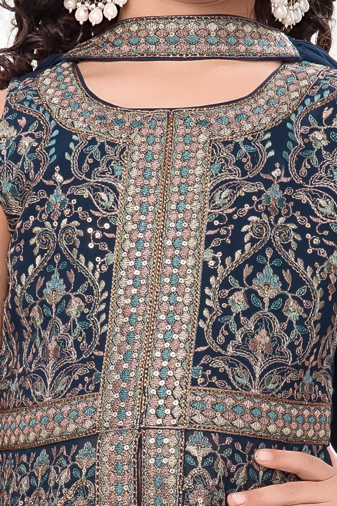 Peacock Blue Sequins, Stone and Multicolor Thread work Palazzo Suit Set for Girls