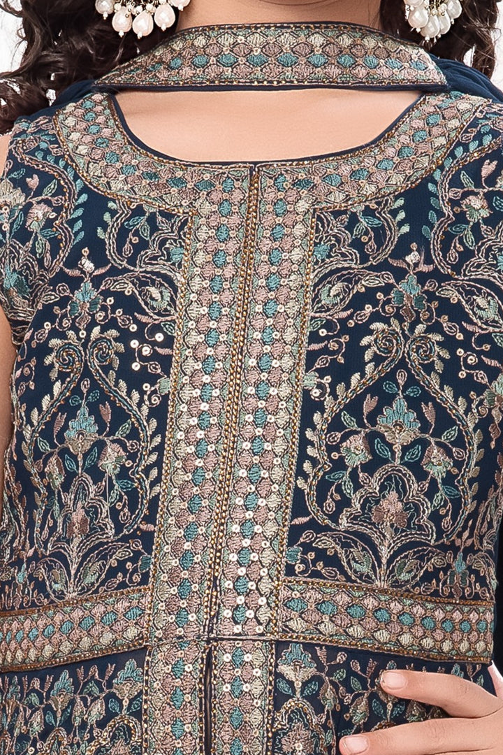 Peacock Blue Sequins, Stone and Multicolor Thread work Palazzo Suit Set for Girls