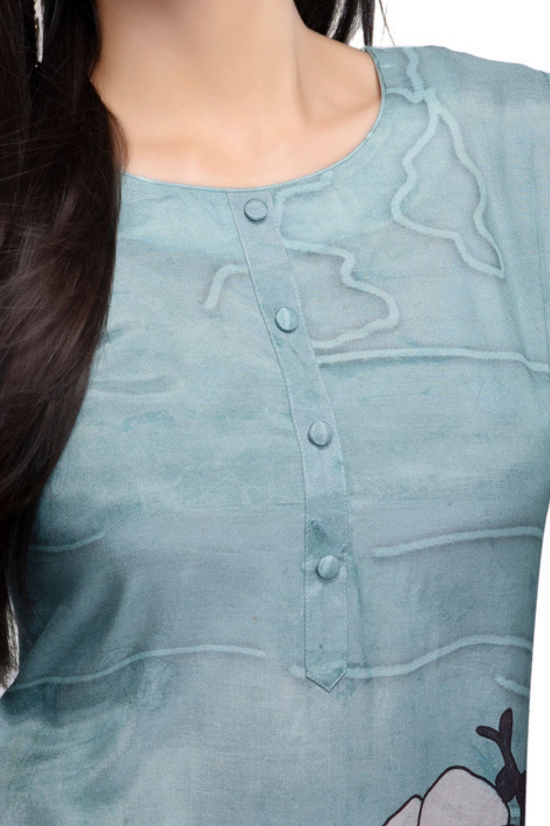 Greyish Blue Floral Print Short Kurti