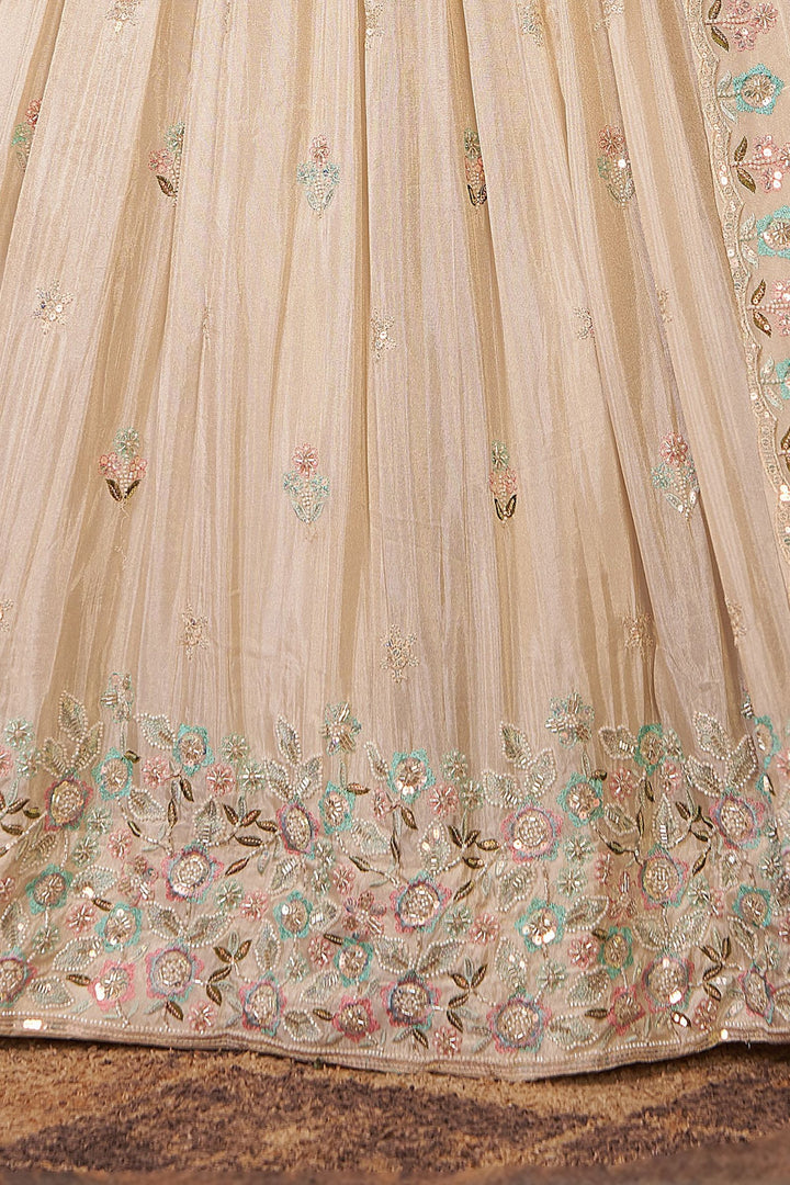 Cream Beads, Sequins and Multicolor Thread work Crop Top Lehenga