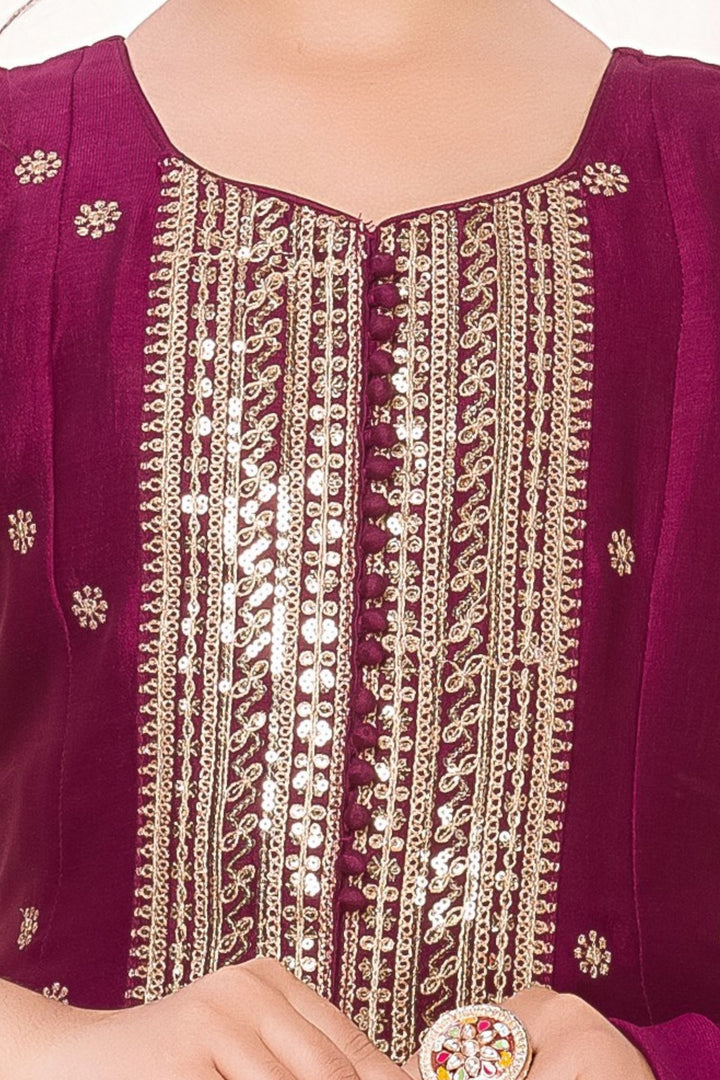 Wine Sequins and Zari work Salwar Suit for Girls