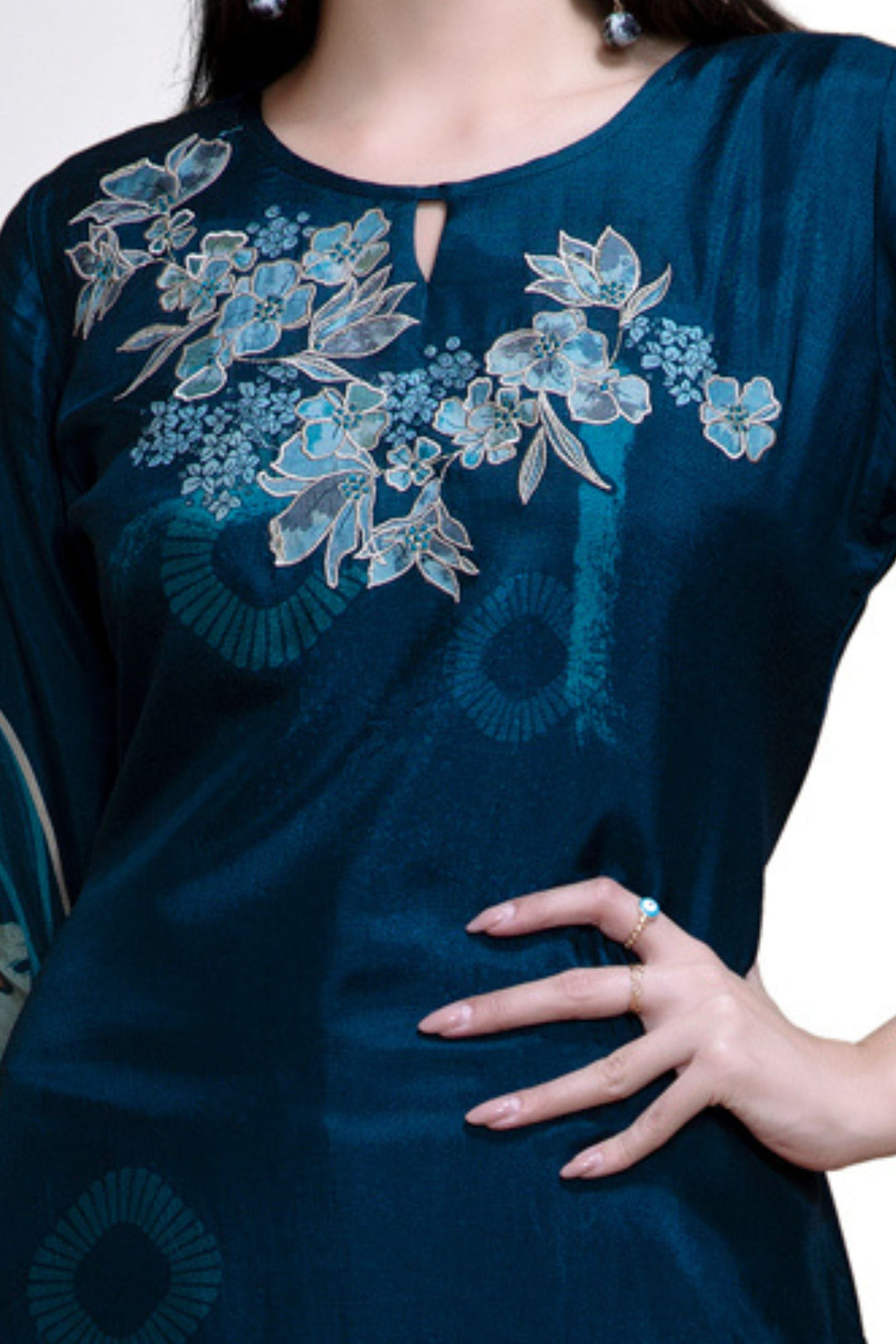 Peacock Blue Floral Print Calf Length Kurti