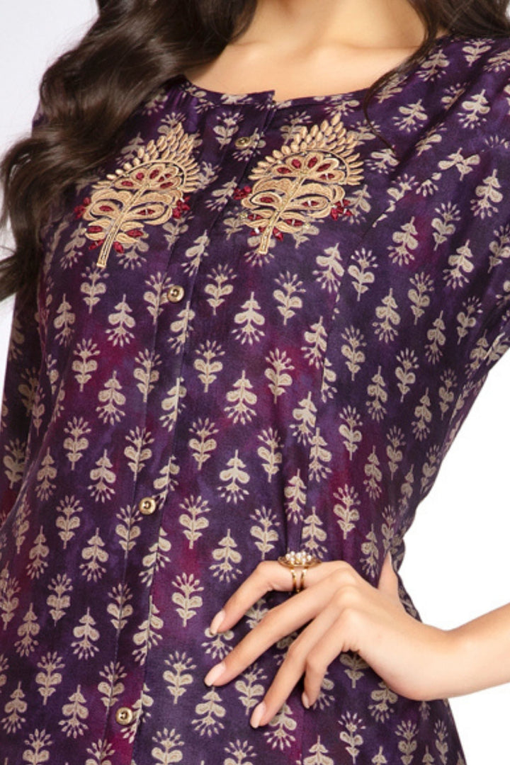 Violet Mirror and Thread work with Digital Print A-Line Cut Calf Length Kurti