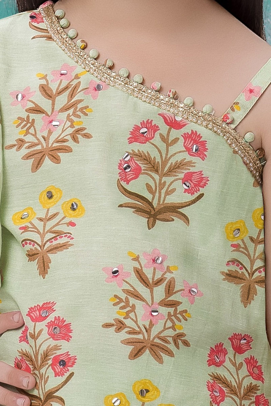 Pista Green Beads, Sequins and Zari work for Girls Sharara Suit Set