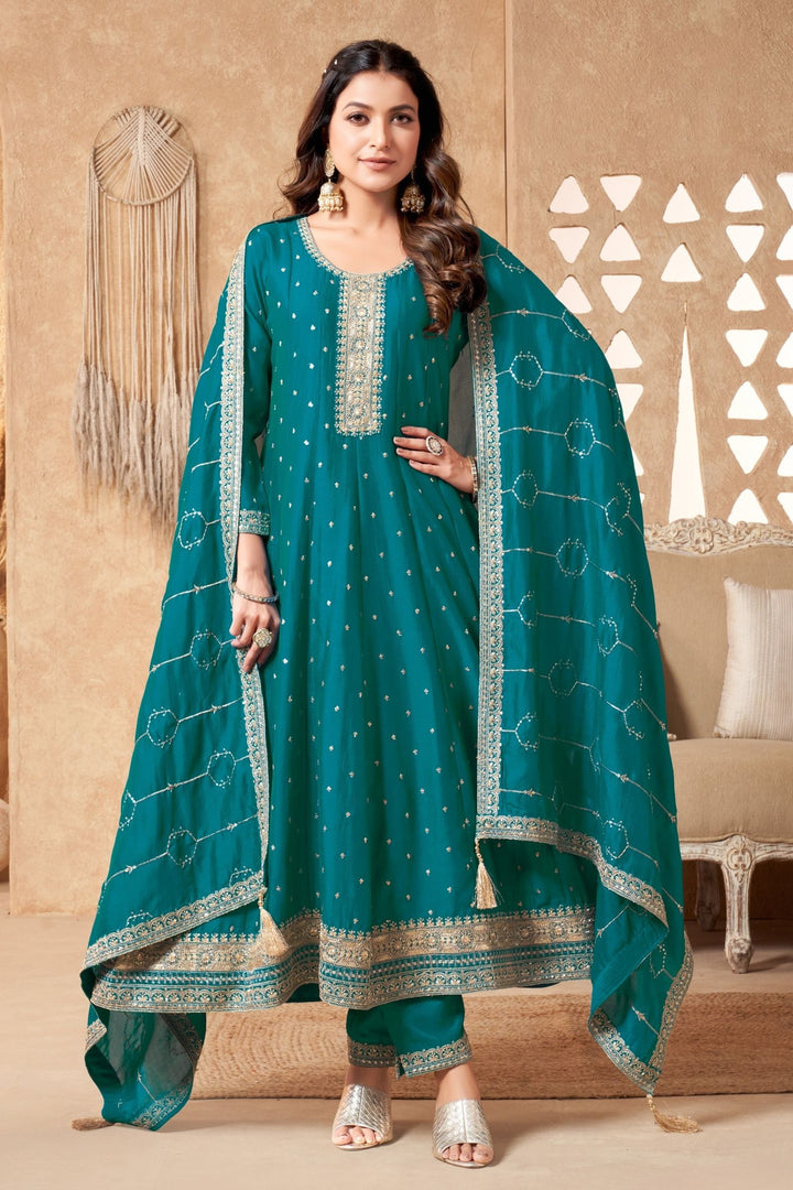 Rama Blue Sequins, Beads and Zari work Anarkali Style Salwar