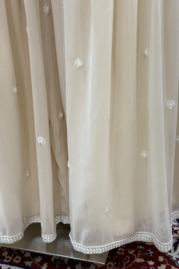 Beige Beads, Sequins and Thread work Peplum Top with Sharara Suit Set