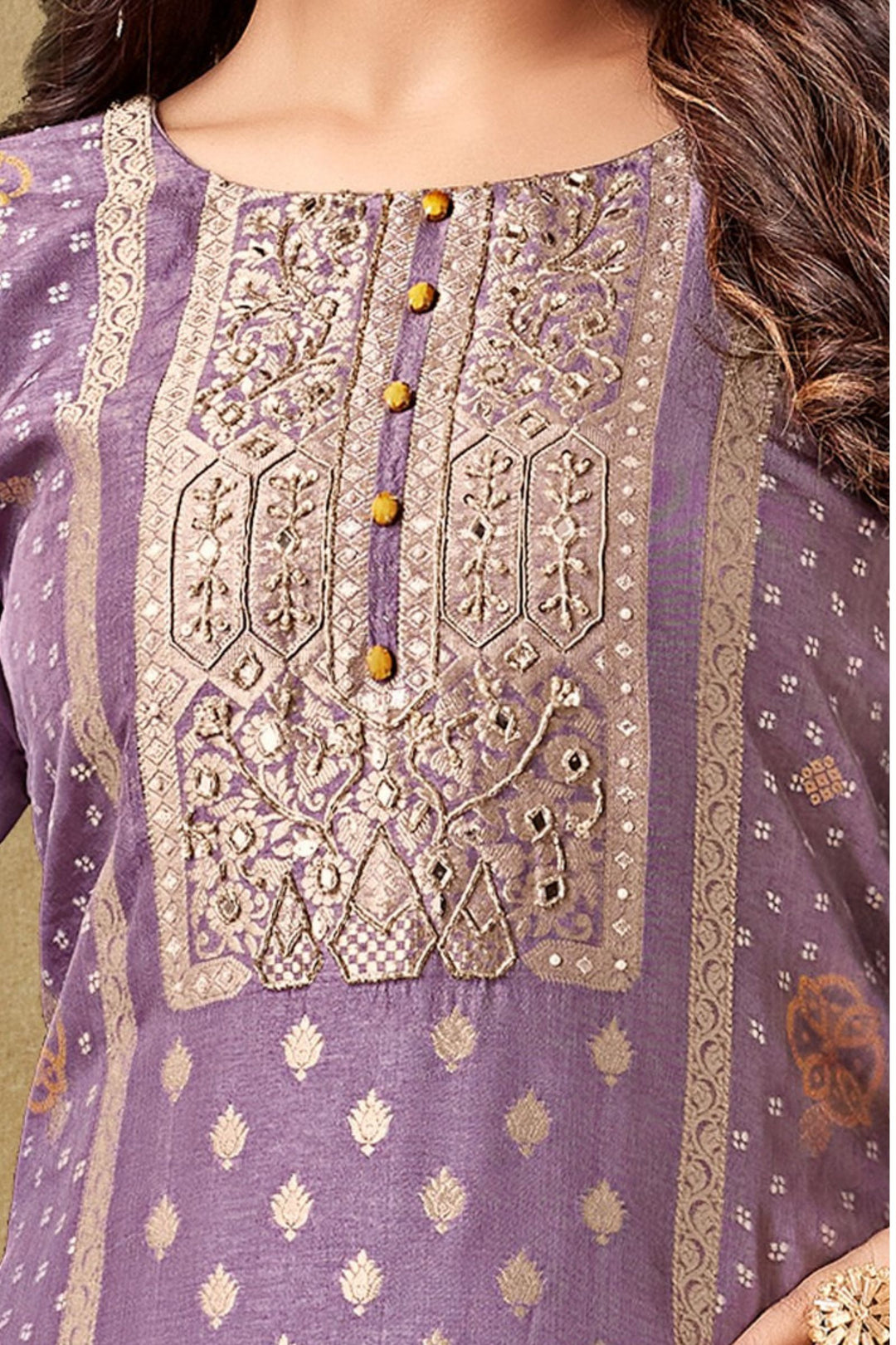 Lavender Banaras, Beads, Mirror and Sequins work Straight Cut Salwar Suit