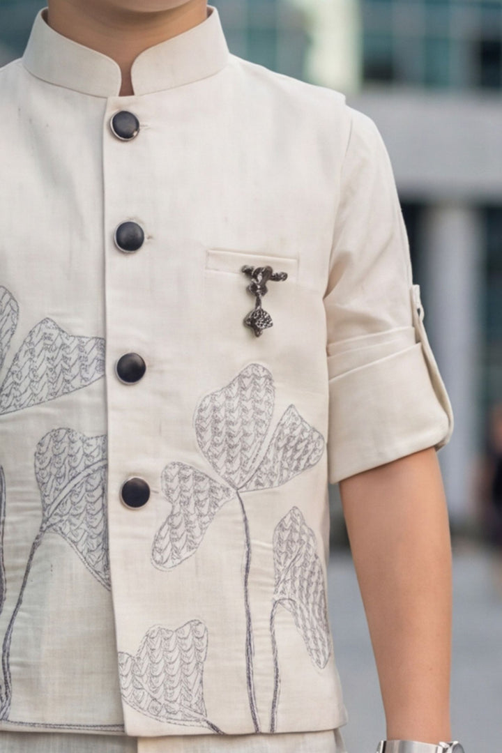 Cream Thread work Waist Coat and Black Pant Set for Boys with Belt