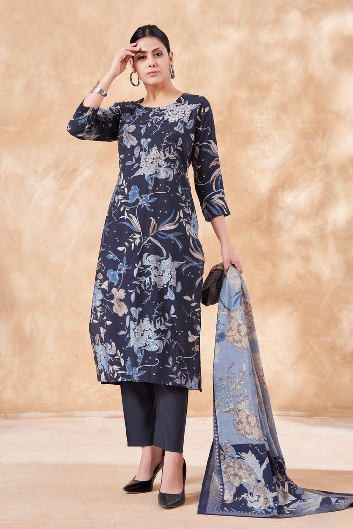 Navy Blue Zari and Thread work with Digital Print Straight Cut Salwar Suit