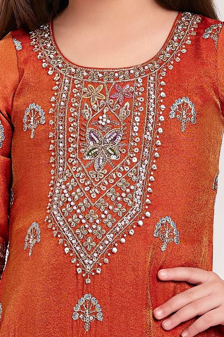 Orange Beads, Zari and Thread work Palazzo Suit Set for Girls