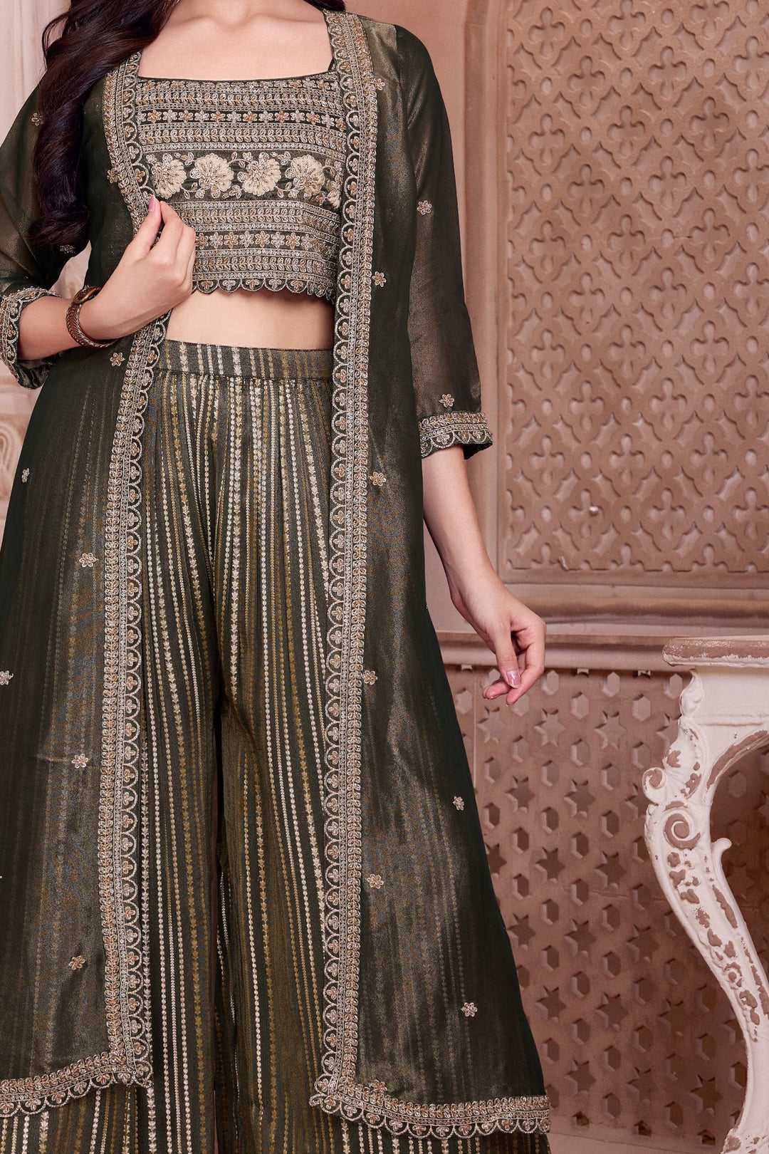 Green Embroidery, Beads and Zari work Overcoat Styled Palazzo Set For Girls