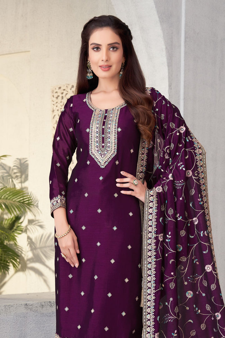 Wine Multicolor Thread, Sequins and Zari work Straight Cut Salwar Suit