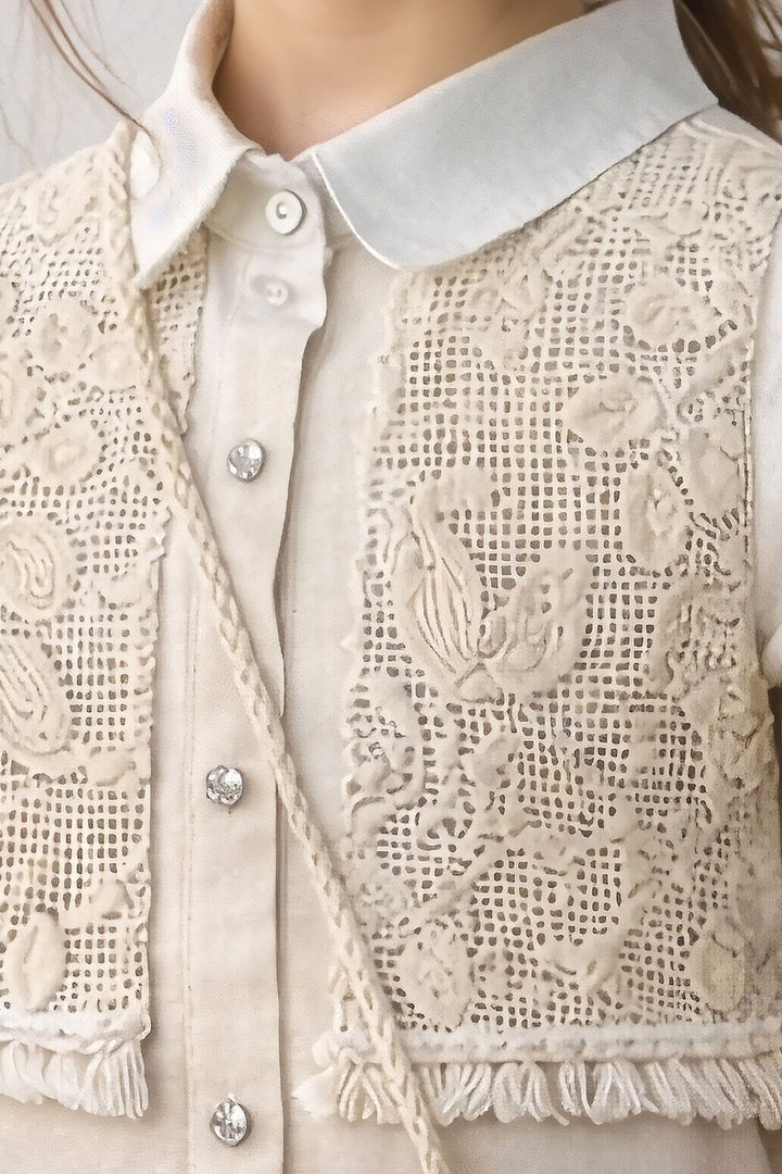 Half White Thread and Sequins work Short Frock For Girls