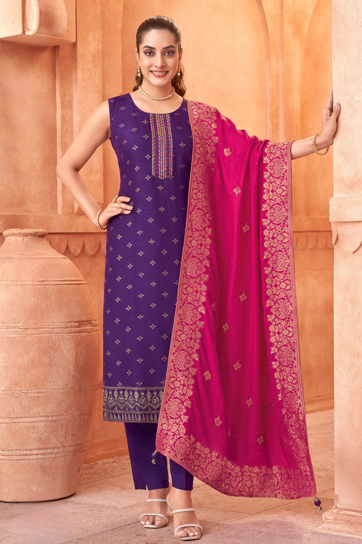 Violet Zari, Banaras, Sequins, Stone and Thread work Straight Cut Salwar Suit