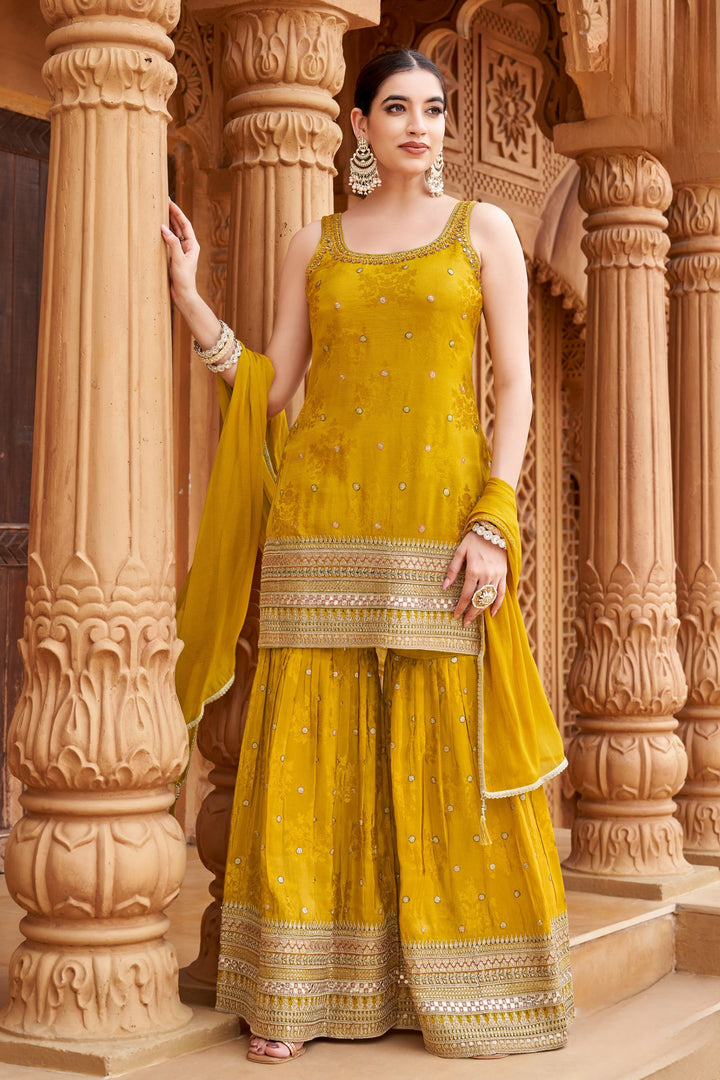 Olive Green Sequins, Zari, Mirror and Zardozi work Sharara Salwar Suit