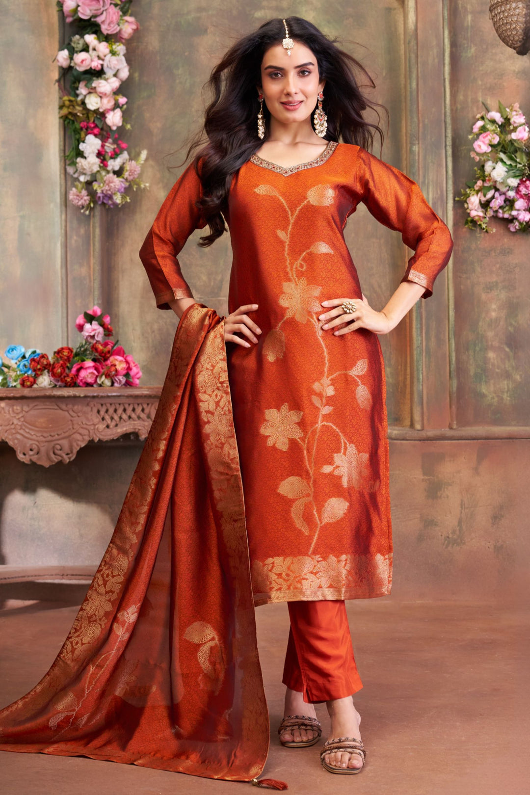 Orange Straight Cut Salwar Suit with Banaras, Stone, Zardozi and Beads work