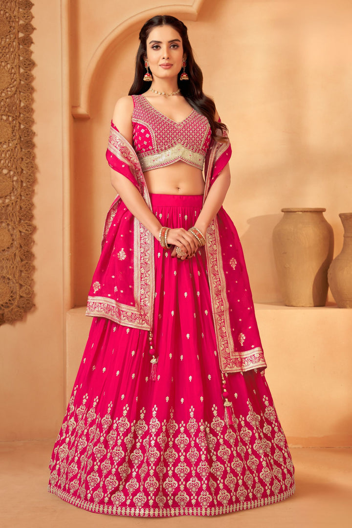 Rani Pink Stone, Zari, Sequins and Beads work Crop Top Lehenga