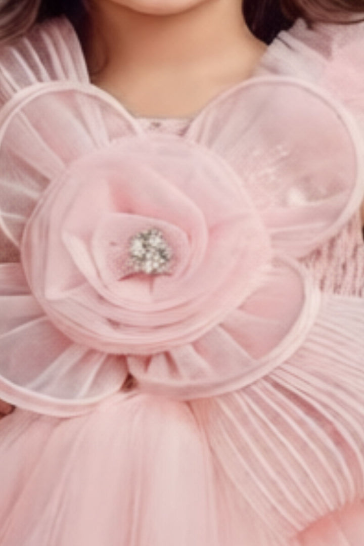 Light Peach Sequins work Tail Cut Double Layered Partywear Frock for Girls