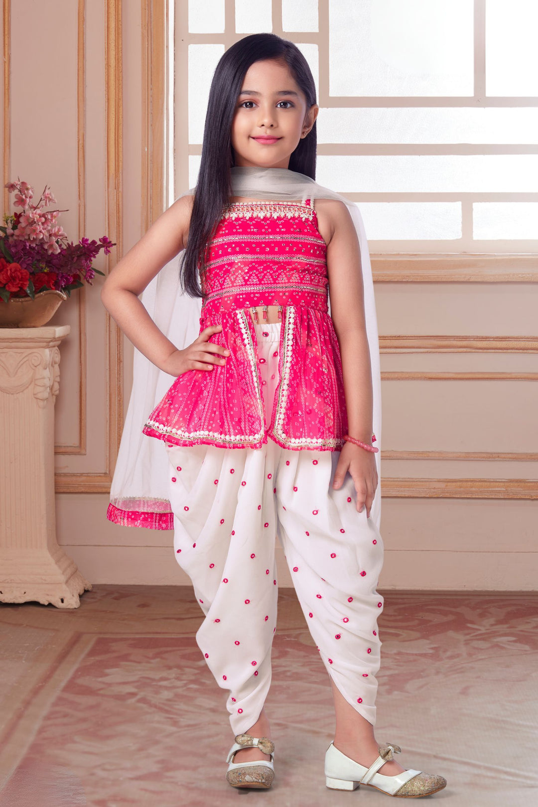 Pink with White Bandini Print, Mirror and Beads work Dhoti Style